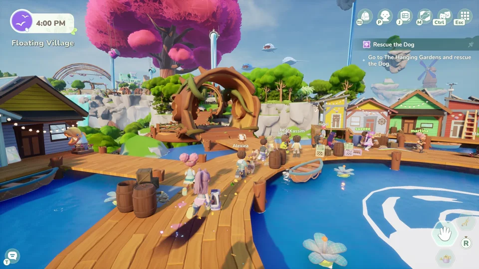 Players on a wooden boardwalk beside a lake in a floating village