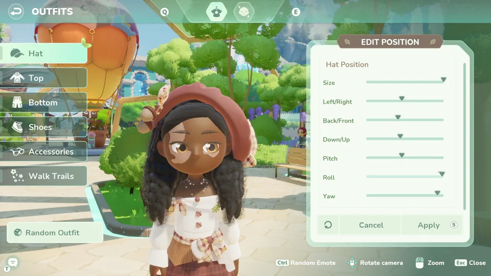 Outfit editor adjusting the position of a hat