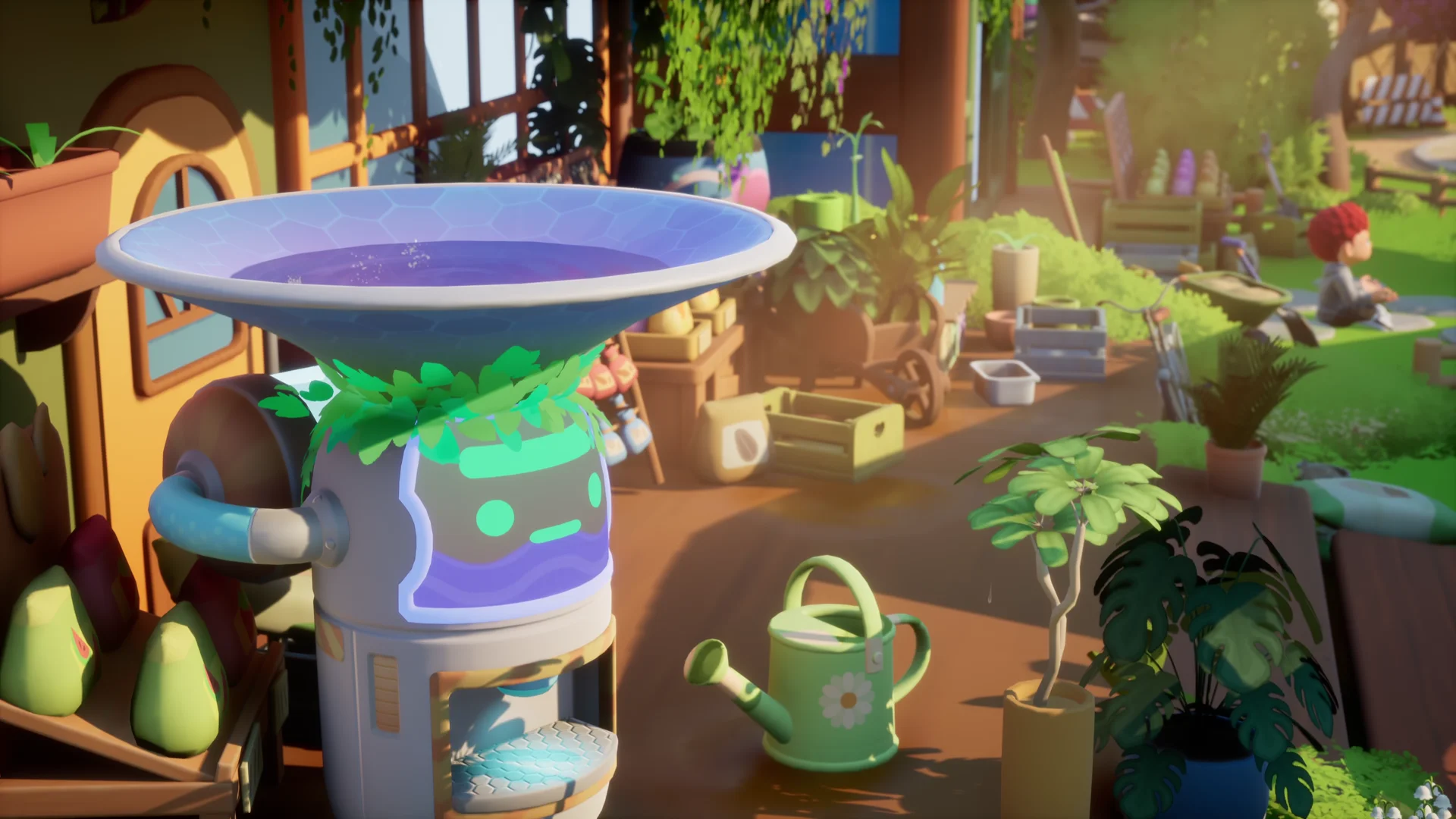 Bird bath fountain beside potted plants and a watering can
