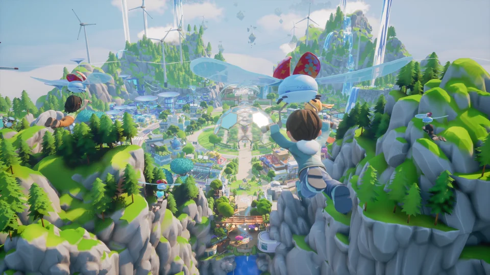 Players gliding over green floating islands