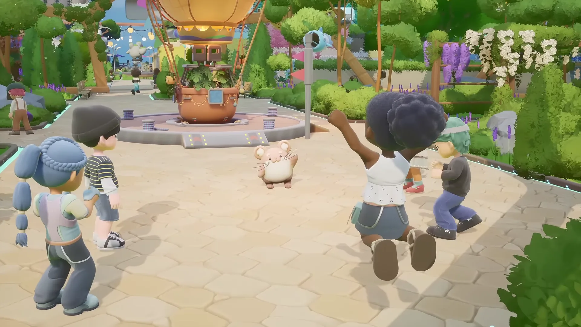 Players and a small pet in a town plaza
