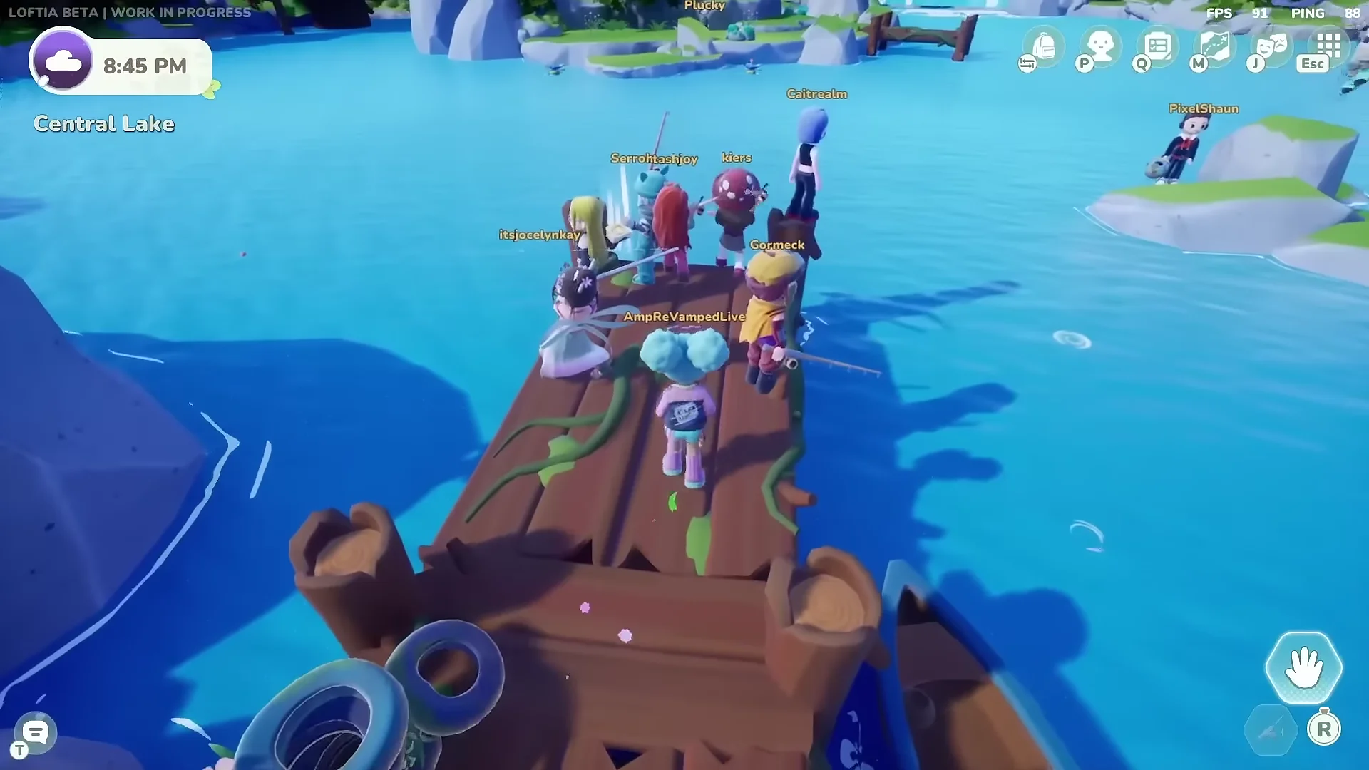 Players on a pier by a lake in the evening