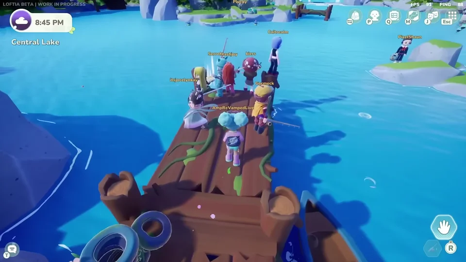 Players on a pier by a lake in the evening