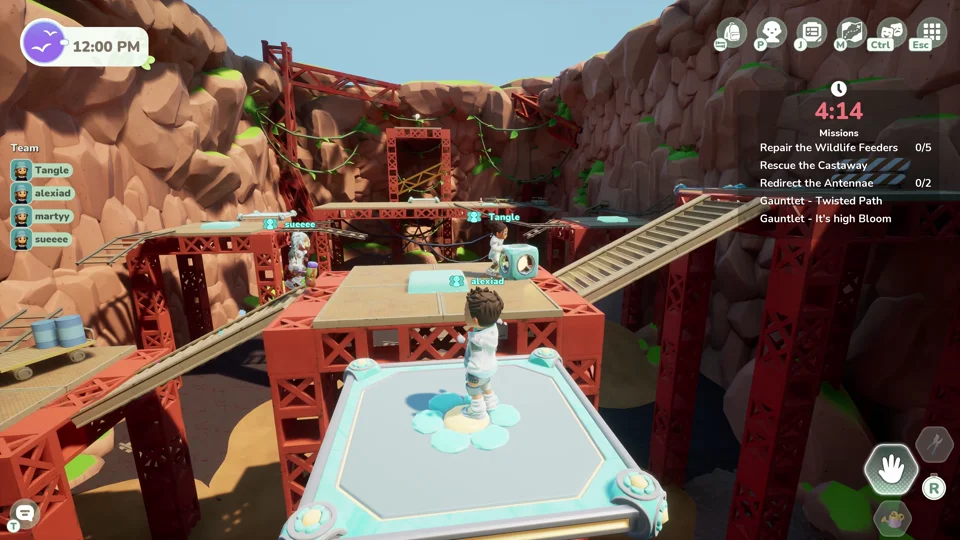 A player on a platform in a red-rock canyon