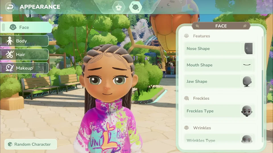 Character creator showing face options