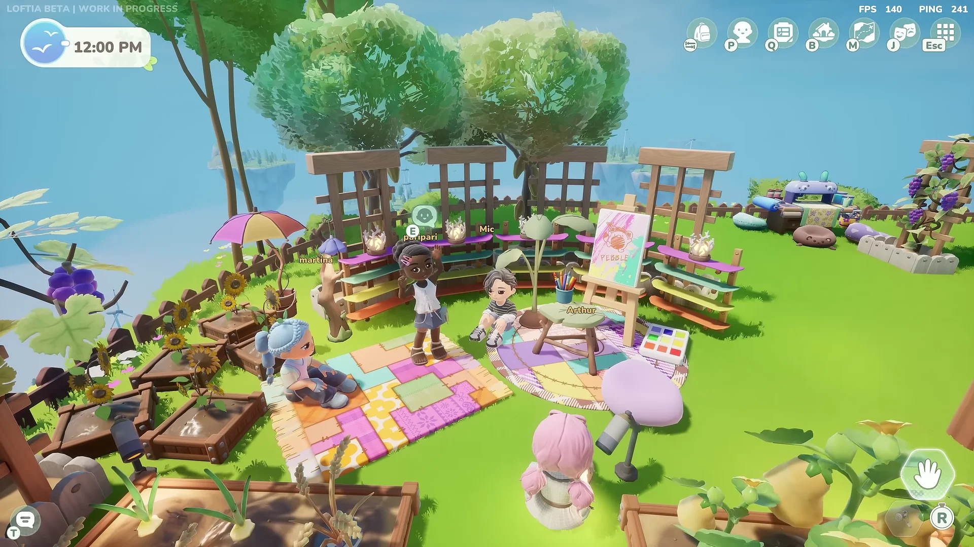 Players gathered around garden plots and an easel